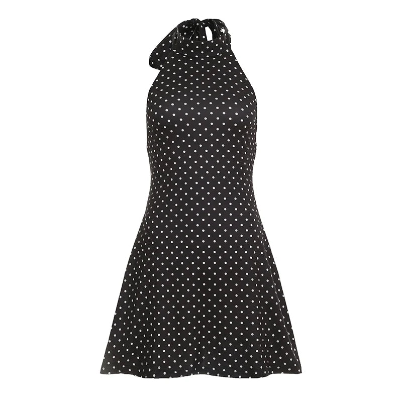 Black Polka Dot Halter Mini Dress | Slim Fit Summer Party Dress
