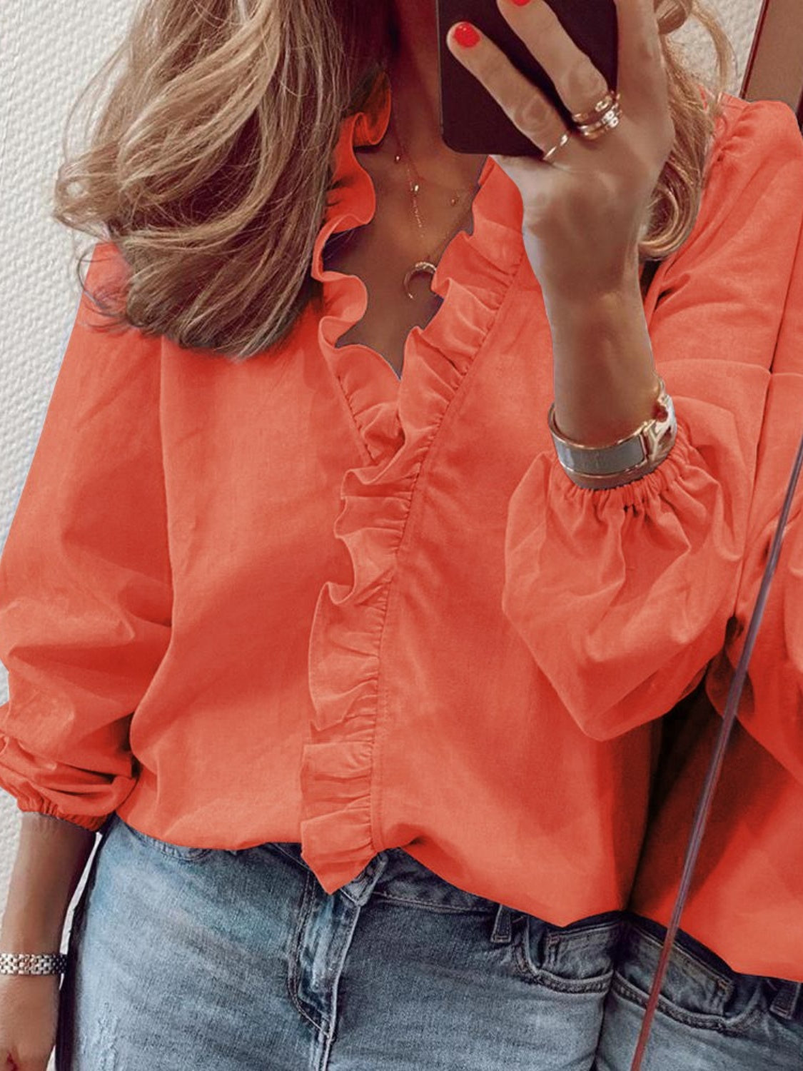 Elegant Ruffled V-Neck Blouse with Long Sleeves | Stylish Sheer Design for Effortless Chic 5
