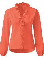Elegant Ruffled V-Neck Blouse with Long Sleeves | Stylish Sheer Design for Effortless Chic 8