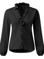 Elegant Ruffled V-Neck Blouse with Long Sleeves | Stylish Sheer Design for Effortless Chic 9