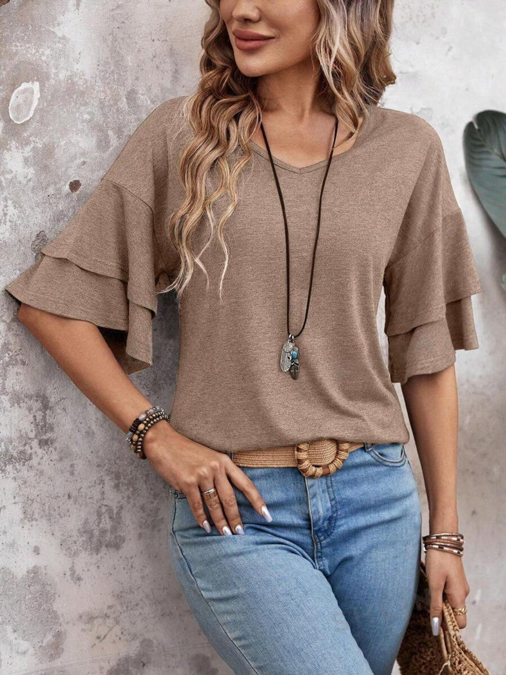 Elegant V-Neck Blouse | Half Sleeve Design with Slight Stretch for Comfort 0