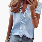 Elegant Women's Blouse with V-Neckline & Ruffle Detail | Versatile Top for Any Occasion 2