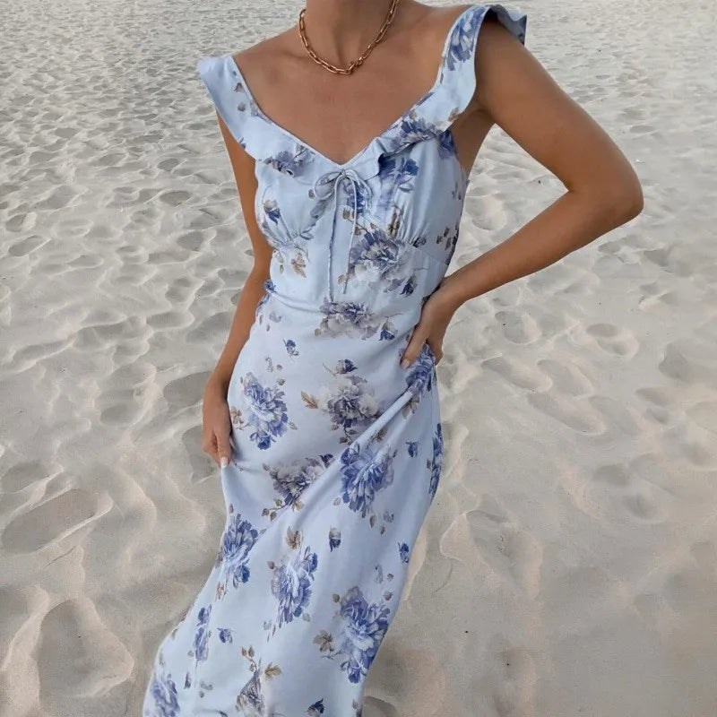 Floral Backless Beach Dress | Sleeveless Summer Dress for Women