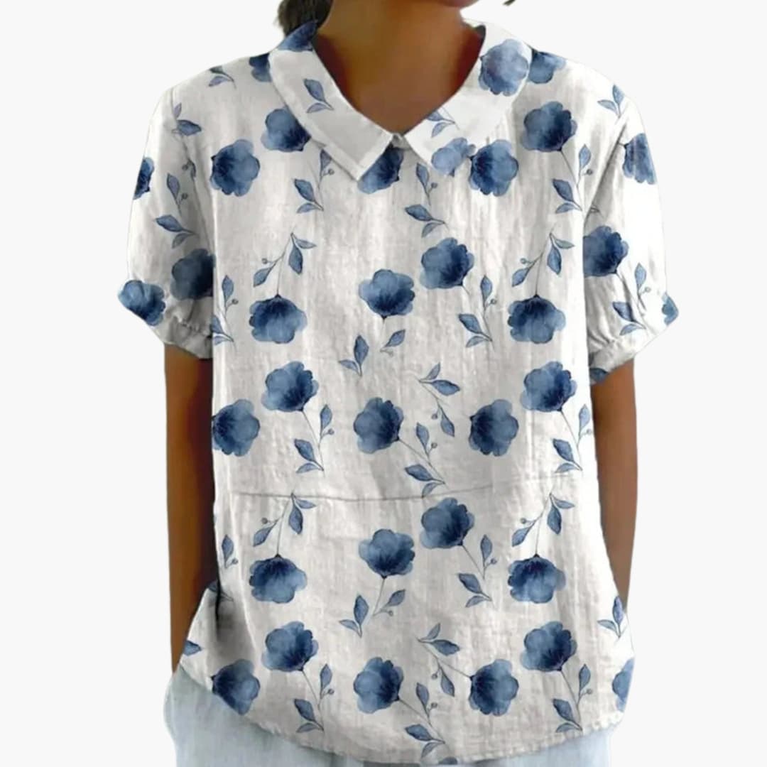 Floral Bliss | Women's Short Sleeve Blouse with Crew Neckline | Elegant Everyday Top for Effortless Style 1