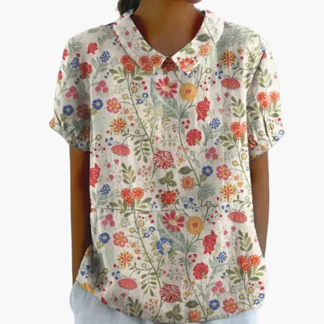 Floral Bliss | Women's Short Sleeve Blouse with Crew Neckline | Elegant Everyday Top for Effortless Style 2
