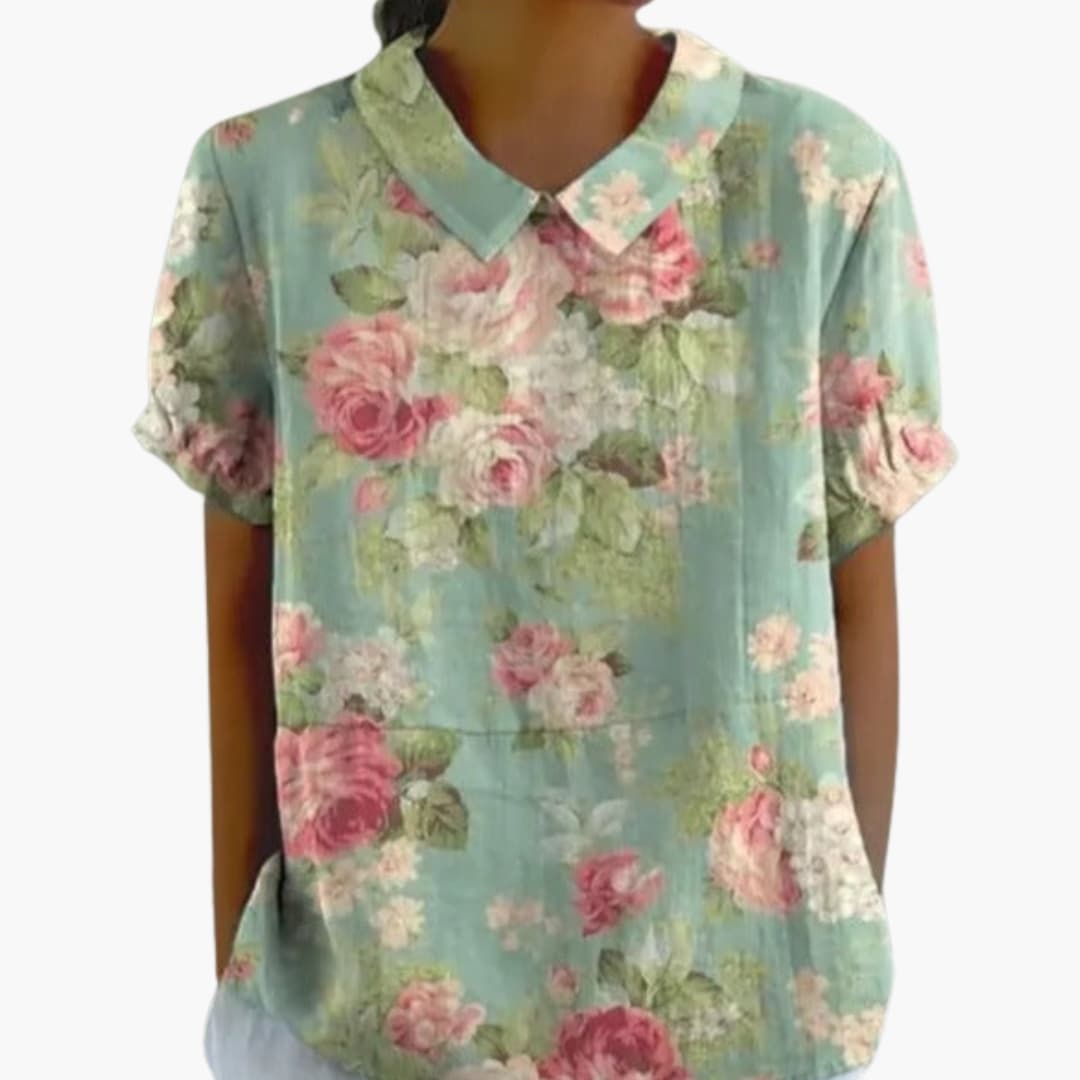Floral Bliss | Women's Short Sleeve Blouse with Crew Neckline | Elegant Everyday Top for Effortless Style 5