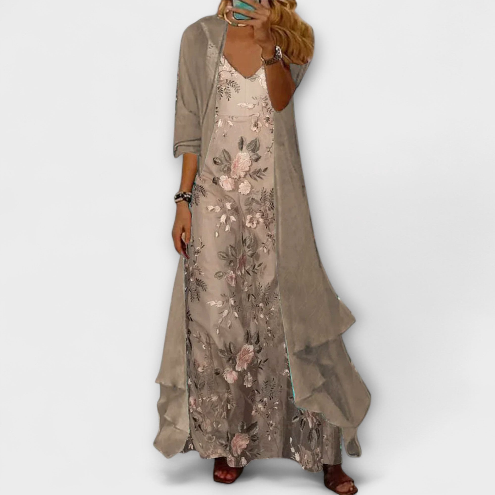 Lila | Elegant Coffee Maxi Dress Two-Piece Set for Women 1