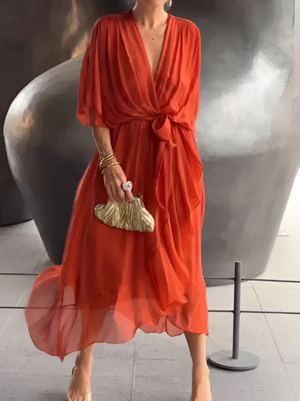 Lori™ | Women's Wrap Midi Dress with Adjustable Waist Tie | Effortless Elegance for Any Occasion 3
