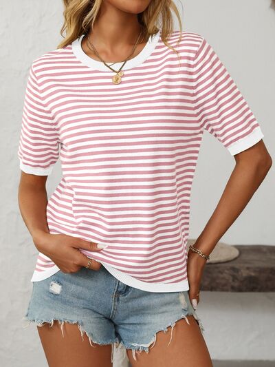 Mandy | Striped Half Sleeve Knit Top with Moderate Stretch | Comfortable Fit for Everyday Wear 0