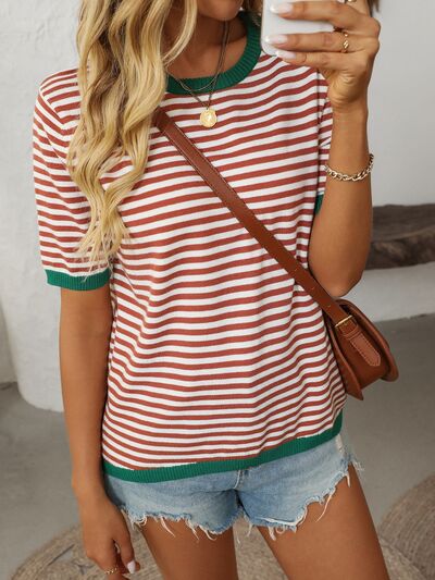 Mandy | Striped Half Sleeve Knit Top with Moderate Stretch | Comfortable Fit for Everyday Wear 1