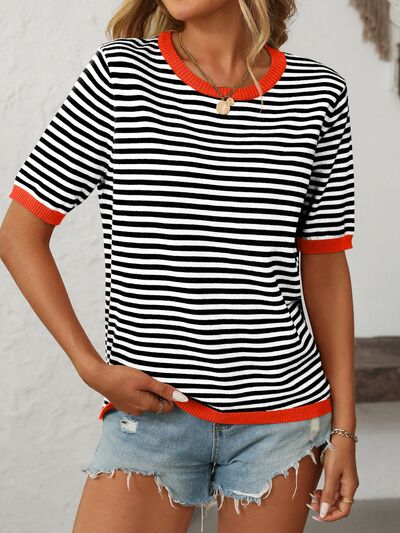 Mandy | Striped Half Sleeve Knit Top with Moderate Stretch | Comfortable Fit for Everyday Wear 8