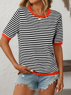 Mandy | Striped Half Sleeve Knit Top with Moderate Stretch | Comfortable Fit for Everyday Wear 8