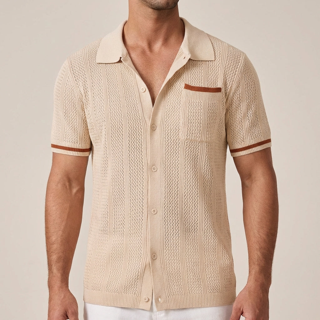 Men's Short-Sleeve Shirt | Openwork Camp-Collar Design