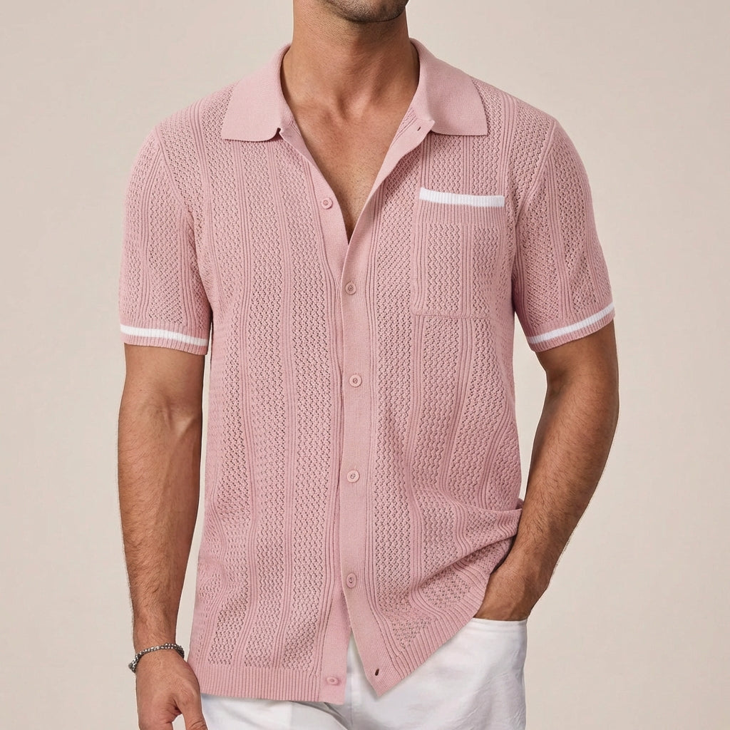 Men's Short-Sleeve Shirt | Openwork Camp-Collar Design