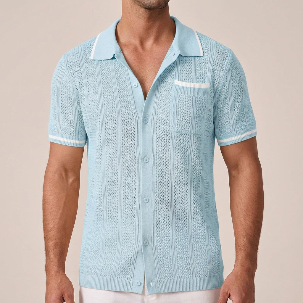 Men's Short-Sleeve Shirt | Openwork Camp-Collar Design