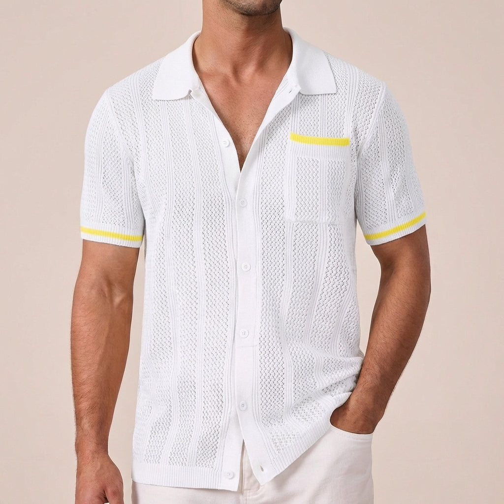 Men's Short-Sleeve Shirt | Openwork Camp-Collar Design