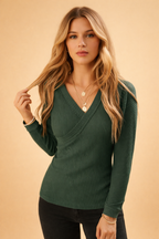 Ribbed Women's Blouse with Elegant Envelope Neckline and Long Sleeves 0