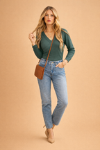 Ribbed Women's Blouse with Elegant Envelope Neckline and Long Sleeves 2