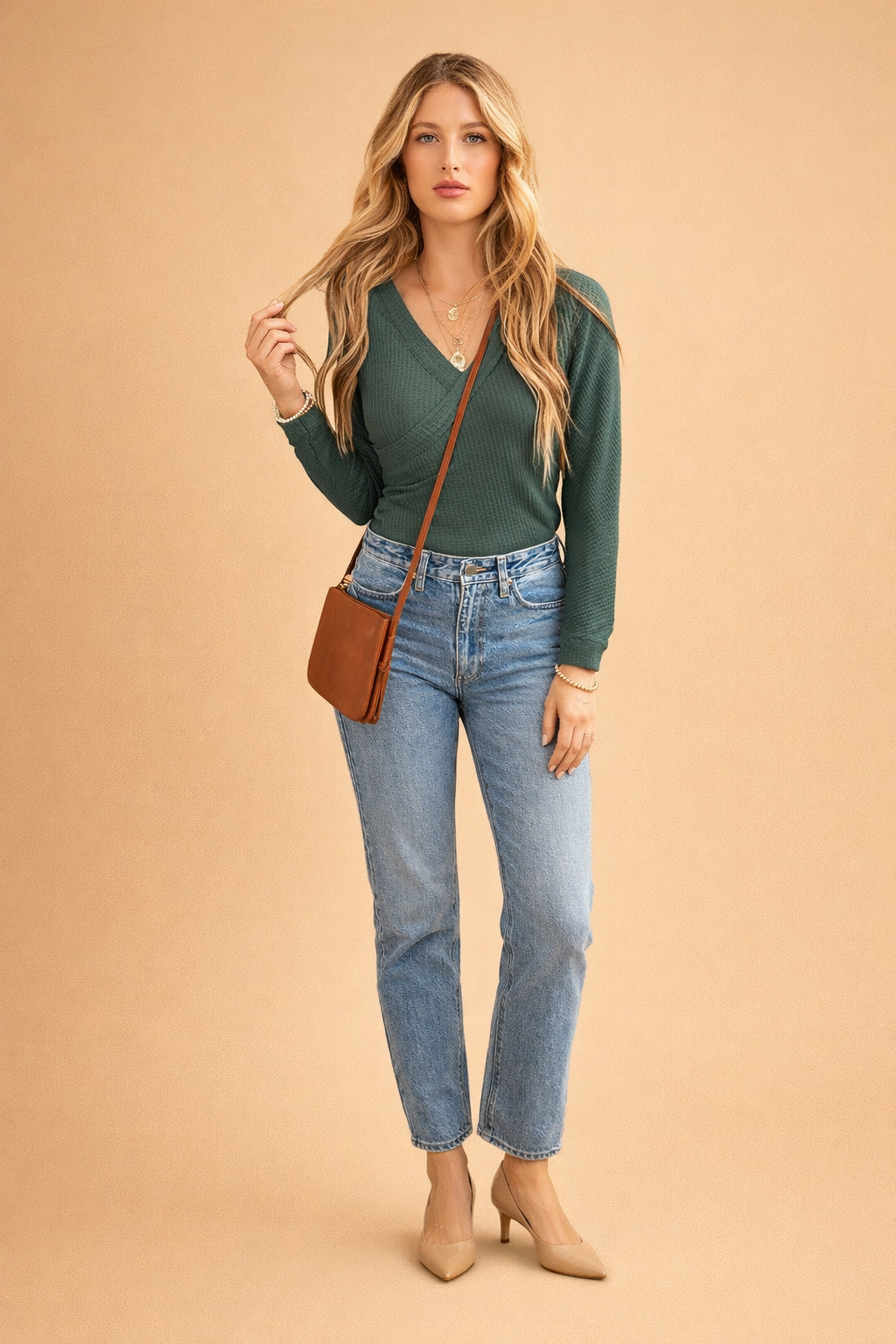 Ribbed Women's Blouse with Elegant Envelope Neckline and Long Sleeves 3
