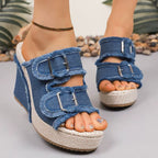 Wedge Sandals for Women with Adjustable Buckle & All-Day Cushioning | Stylish Denim Design for Comfort 0