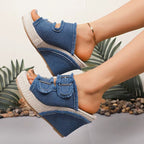 Wedge Sandals for Women with Adjustable Buckle & All-Day Cushioning | Stylish Denim Design for Comfort 1
