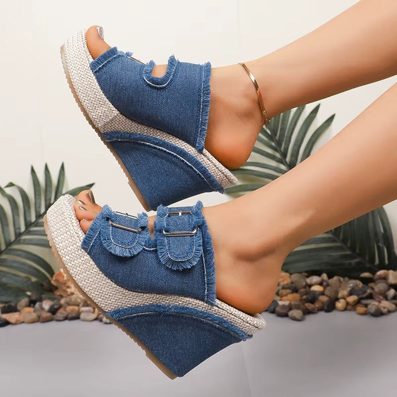 Wedge Sandals for Women with Adjustable Buckle & All-Day Cushioning | Stylish Denim Design for Comfort 1