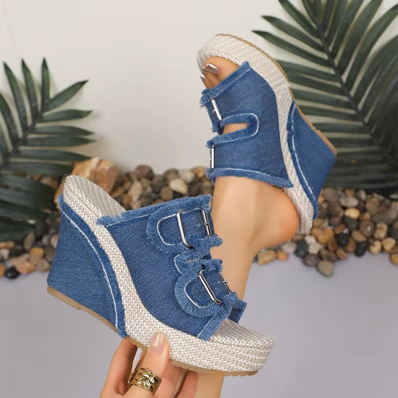 Wedge Sandals for Women with Adjustable Buckle & All-Day Cushioning | Stylish Denim Design for Comfort 2