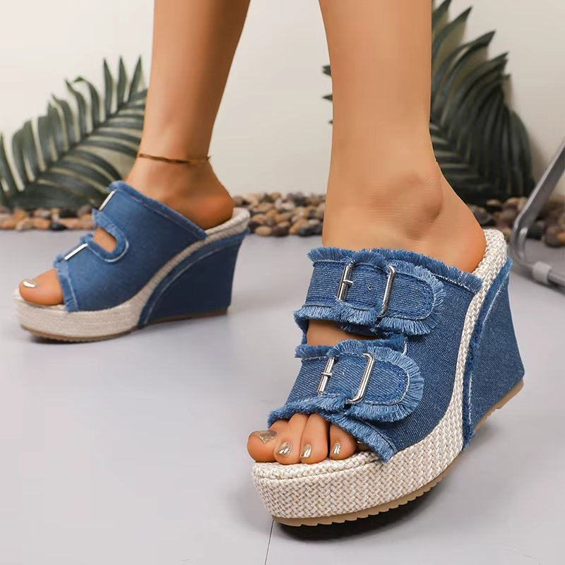 Wedge Sandals for Women with Adjustable Buckle & All-Day Cushioning | Stylish Denim Design for Comfort 3
