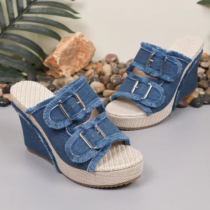 Wedge Sandals for Women with Adjustable Buckle & All-Day Cushioning | Stylish Denim Design for Comfort 4