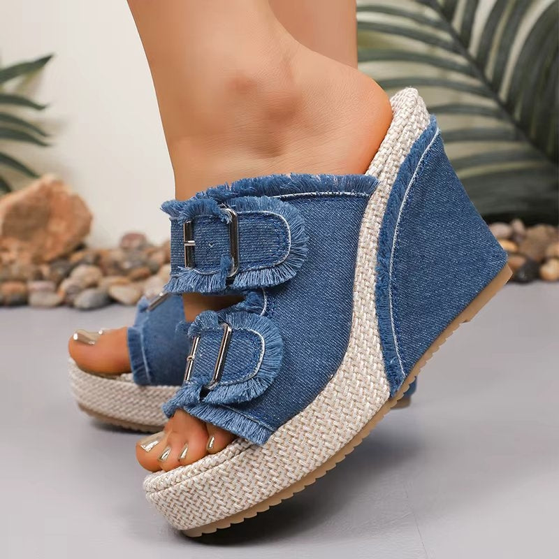 Wedge Sandals for Women with Adjustable Buckle & All-Day Cushioning | Stylish Denim Design for Comfort 6
