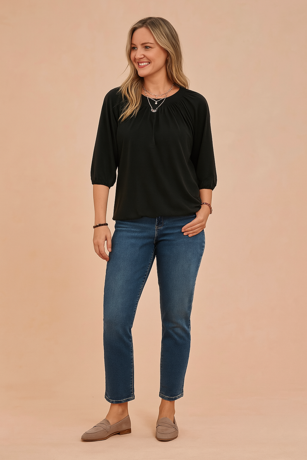 Zoe | Women's White Blouse with Ruffled Neckline and 3/4 Sleeves 0