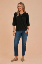 Zoe | Women's White Blouse with Ruffled Neckline and 3/4 Sleeves 0