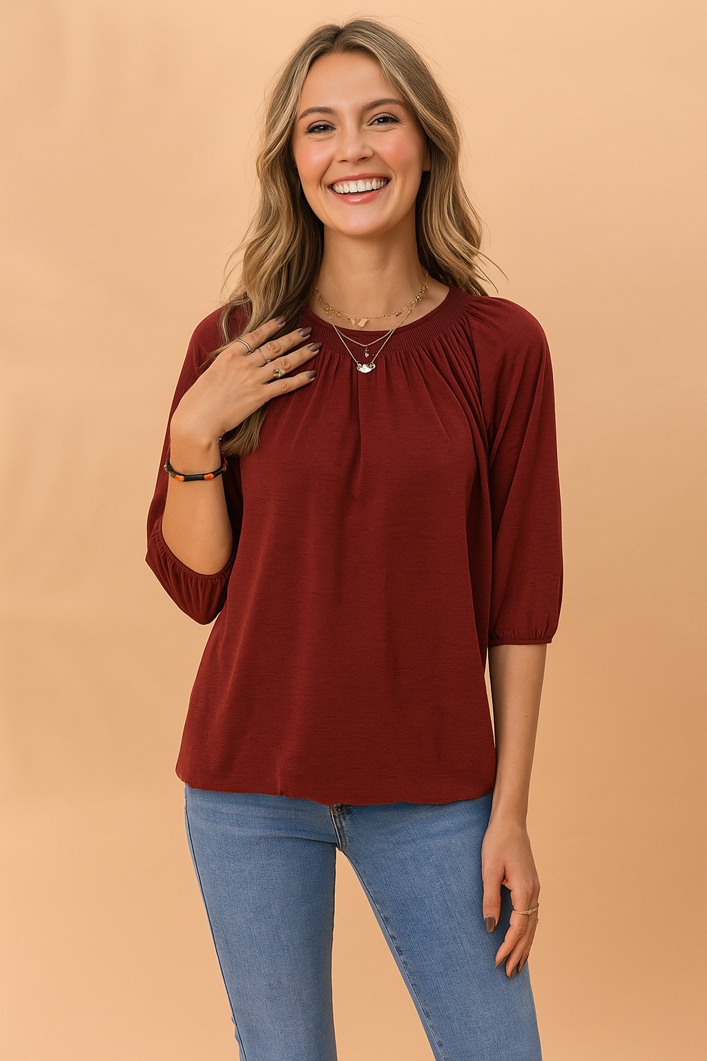 Zoe | Women's White Blouse with Ruffled Neckline and 3/4 Sleeves 1