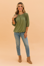 Zoe | Women's White Blouse with Ruffled Neckline and 3/4 Sleeves 2