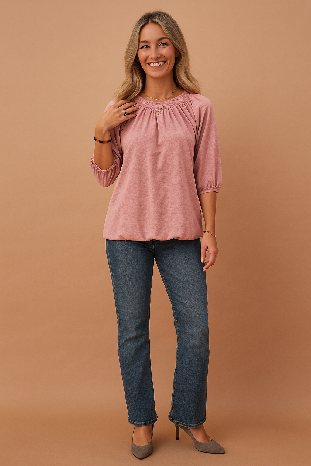 Zoe | Women's White Blouse with Ruffled Neckline and 3/4 Sleeves 3