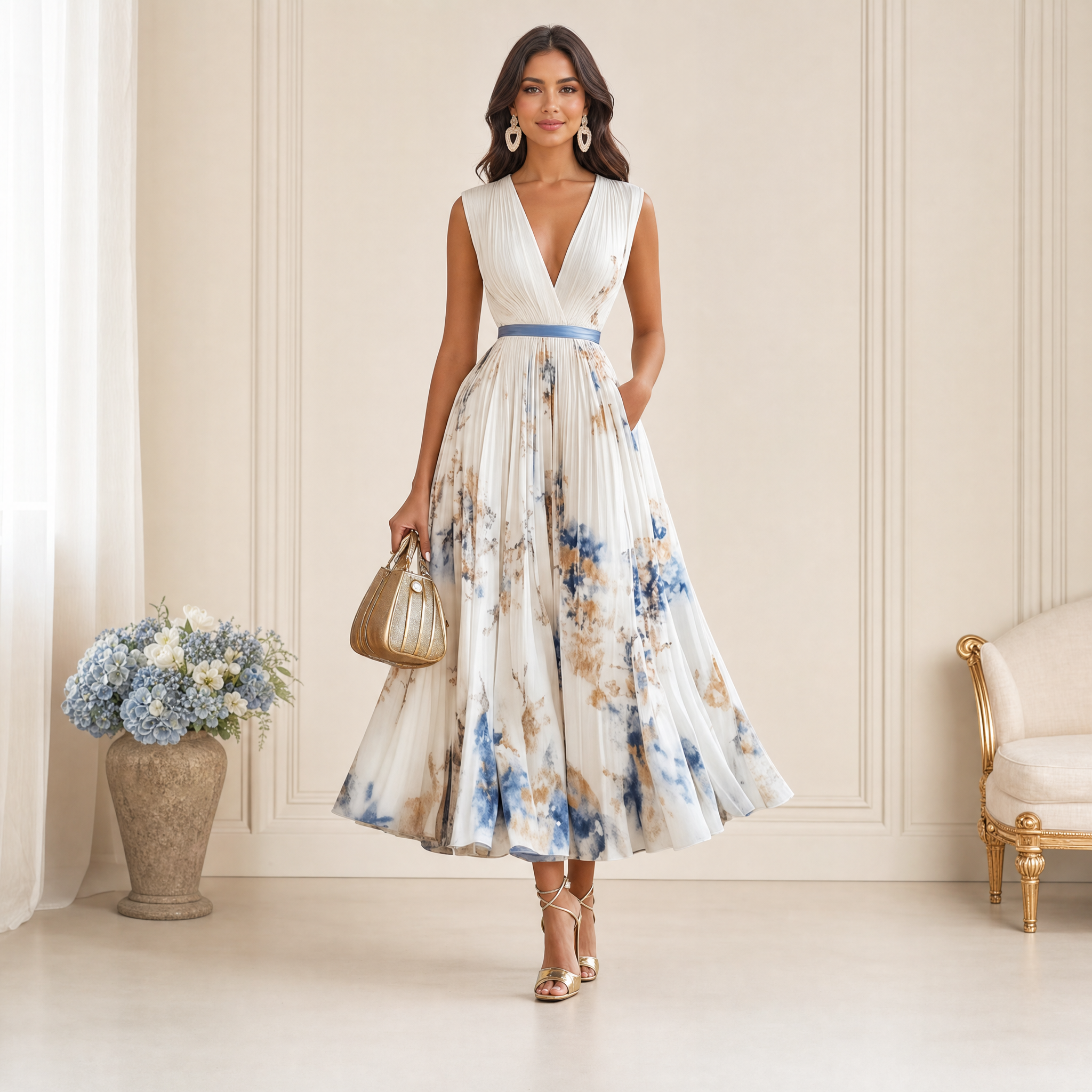 Women's Floral Maxi Dress – Long Sleeve V-Neck Flowy Summer Dress