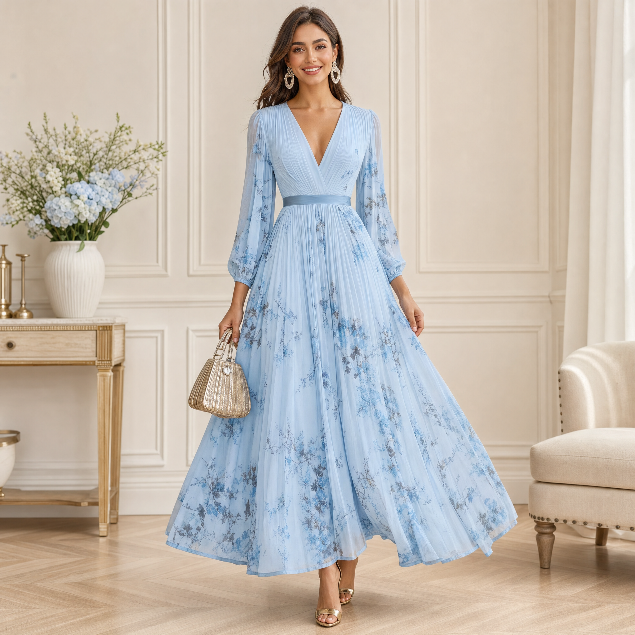 Women's Floral Maxi Dress – Long Sleeve V-Neck Flowy Summer Dress