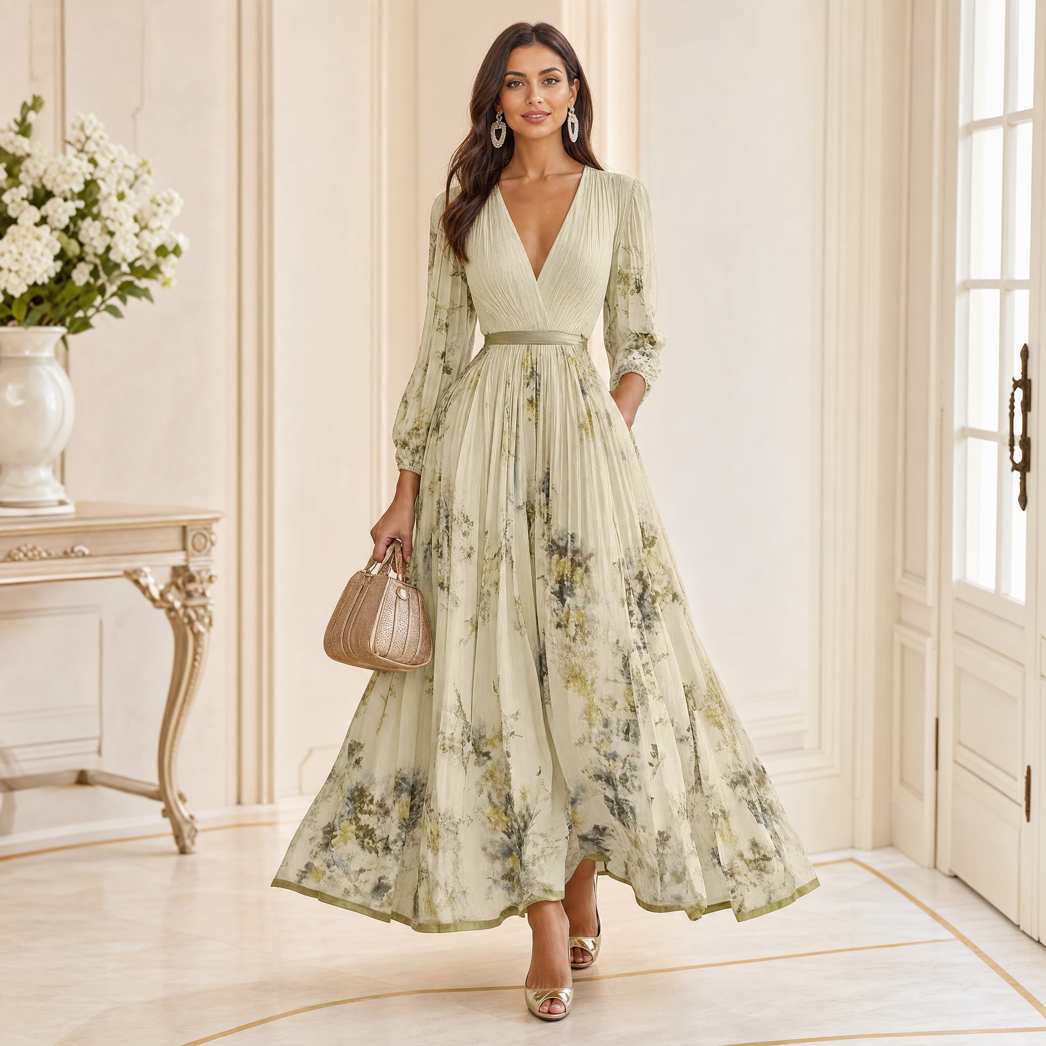 Women's Floral Maxi Dress – Long Sleeve V-Neck Flowy Summer Dress