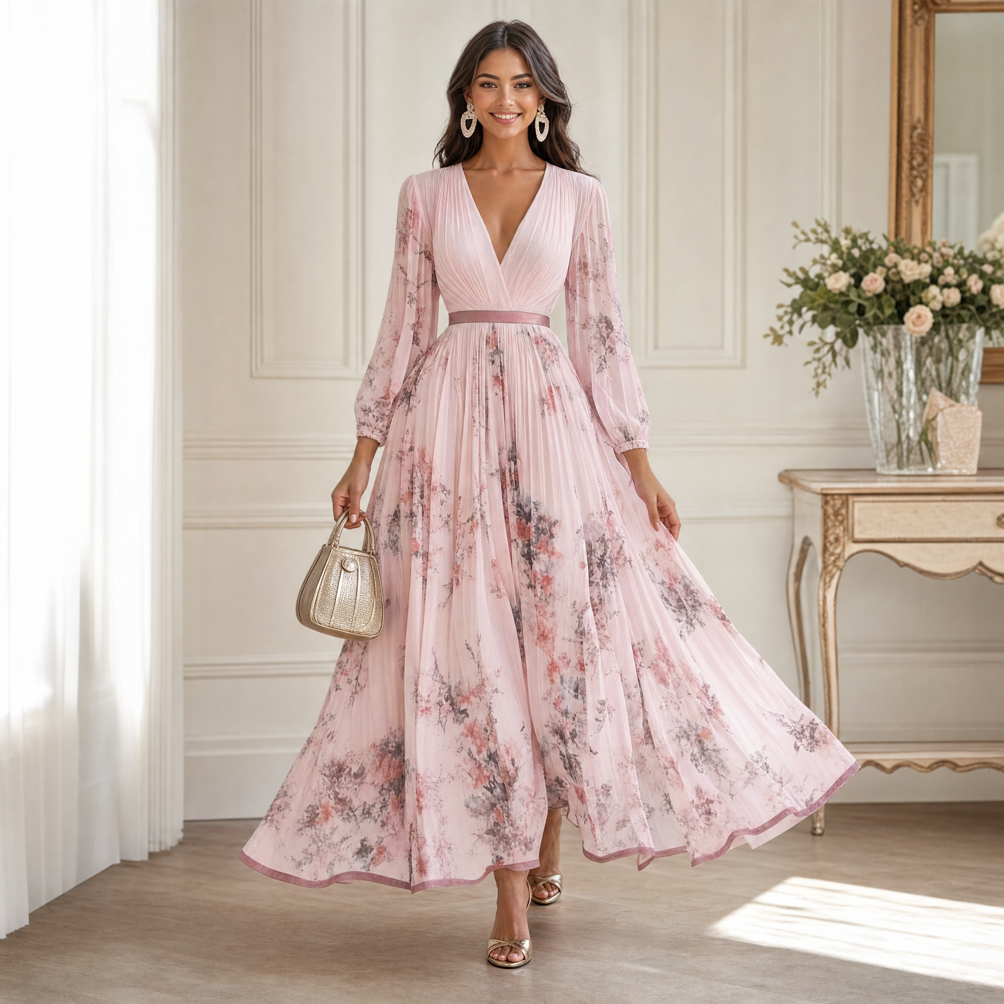Women's Floral Maxi Dress – Long Sleeve V-Neck Flowy Summer Dress