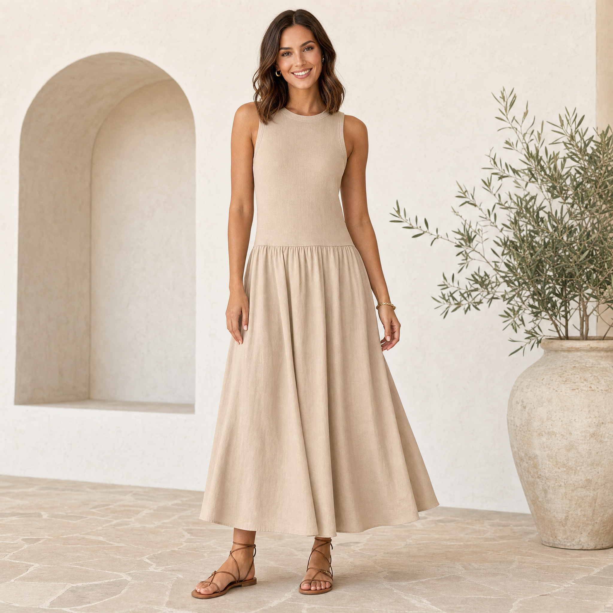 Women's Beige Sleeveless Maxi Dress – A-Line Flowy Summer Dress