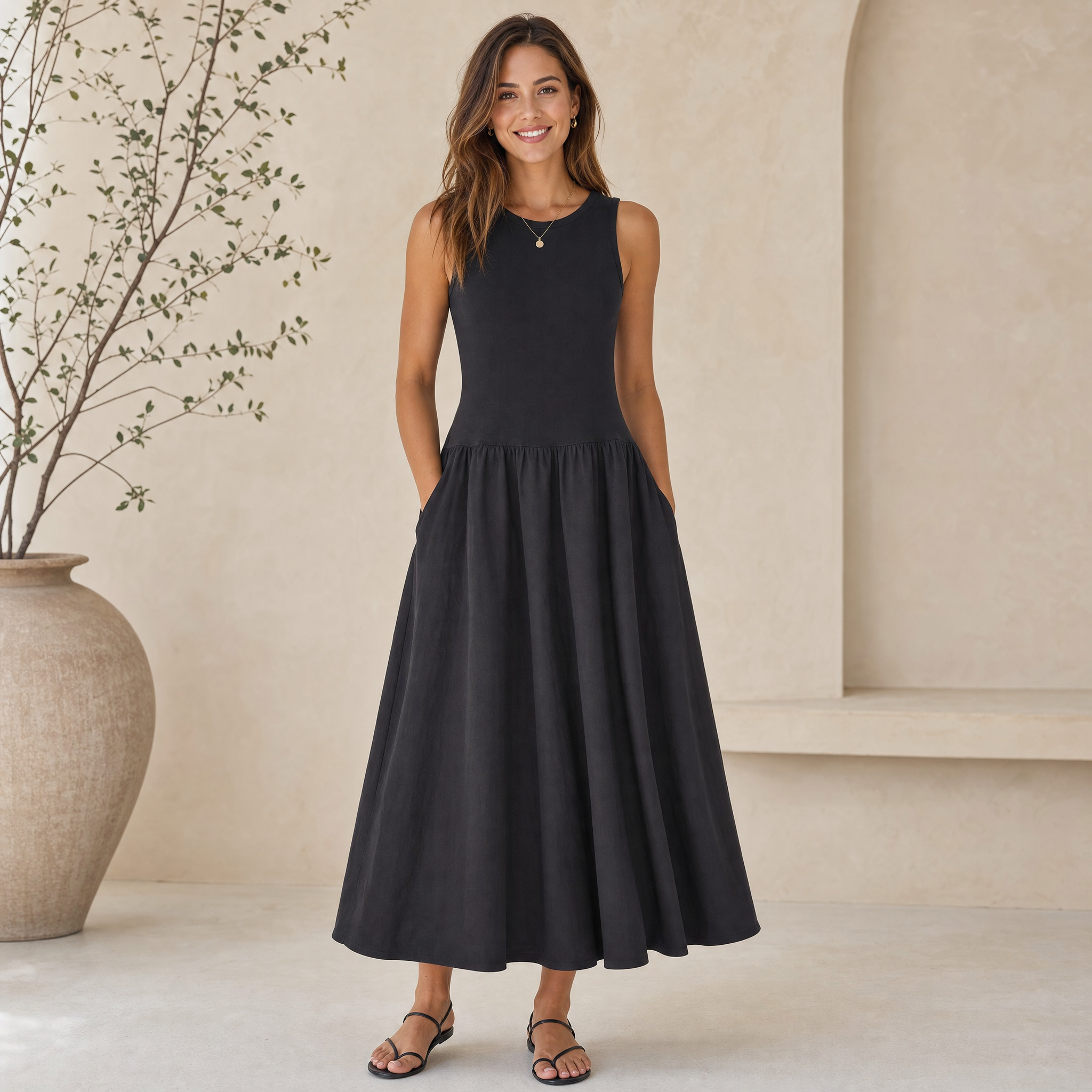 Women's Beige Sleeveless Maxi Dress – A-Line Flowy Summer Dress