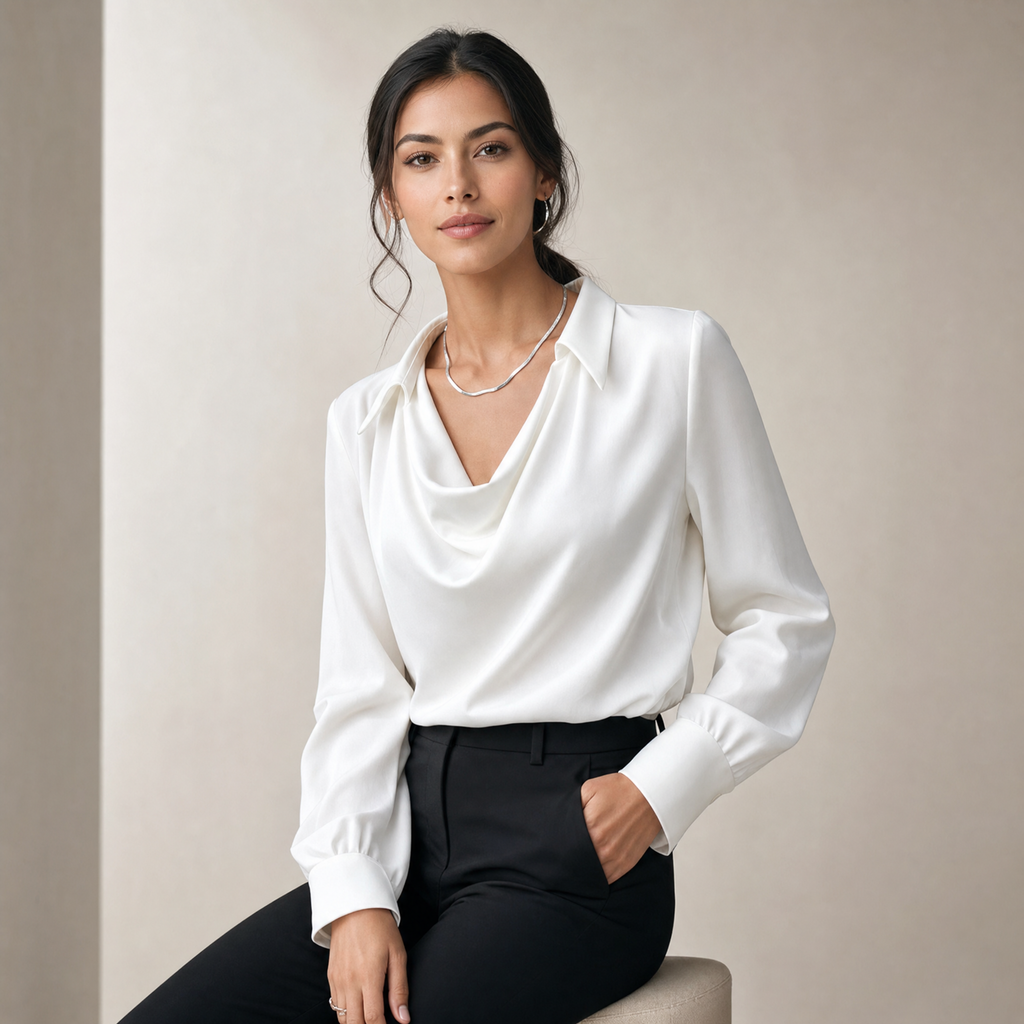 Women's Silk Blouse – Cowl Neck Elegant Work Top