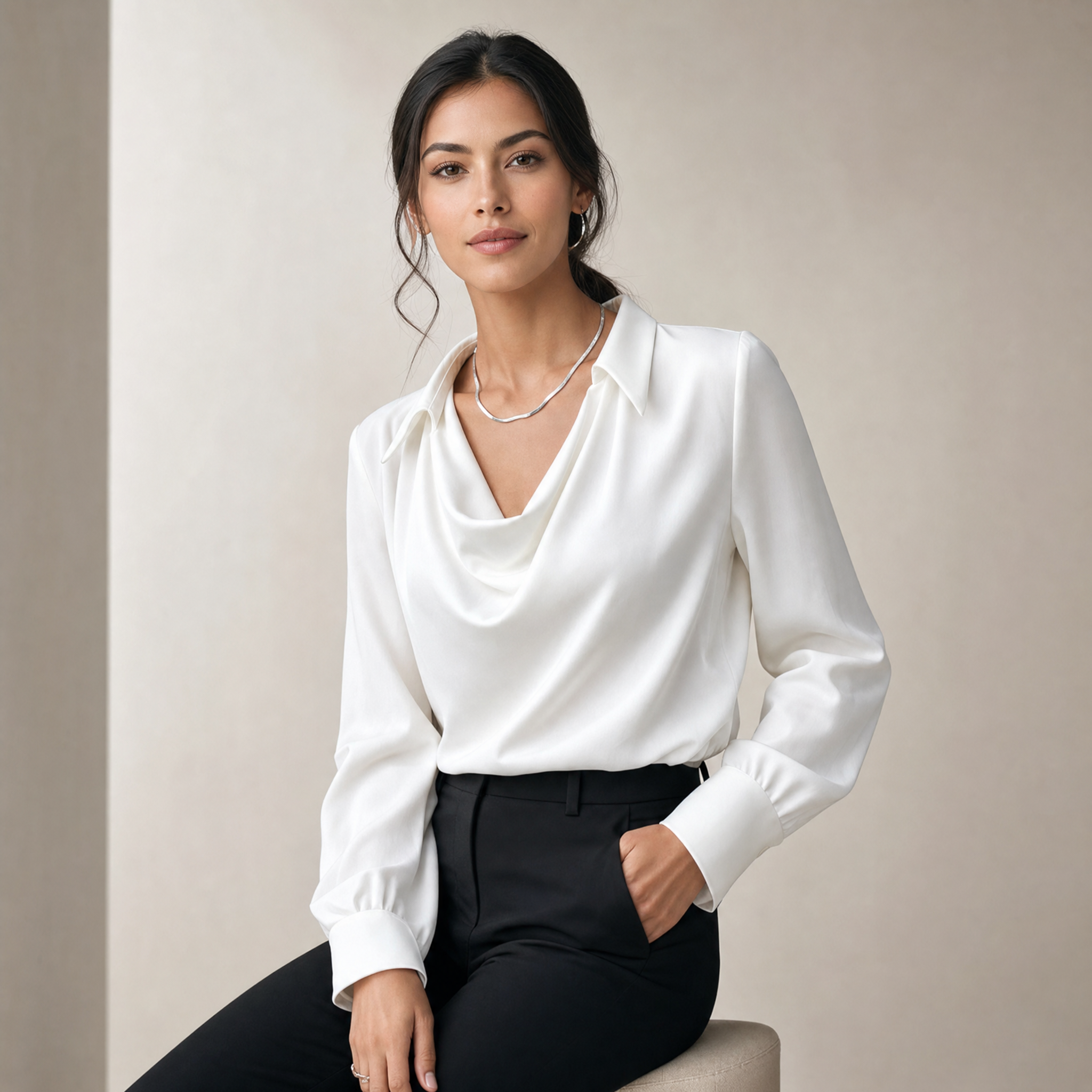 Women's Silk Blouse – Cowl Neck Elegant Work Top