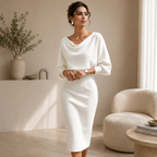 Women's Black Batwing Midi Dress – Draped Sleeve Elegant Day Dress