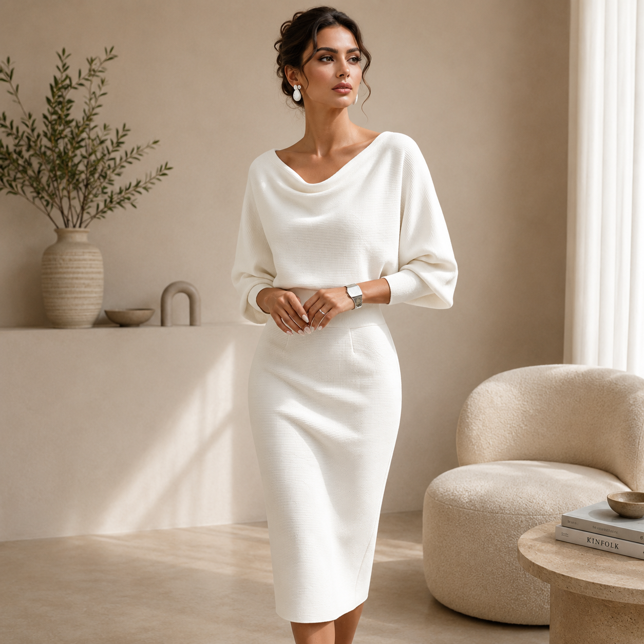 Women's Black Batwing Midi Dress – Draped Sleeve Elegant Day Dress