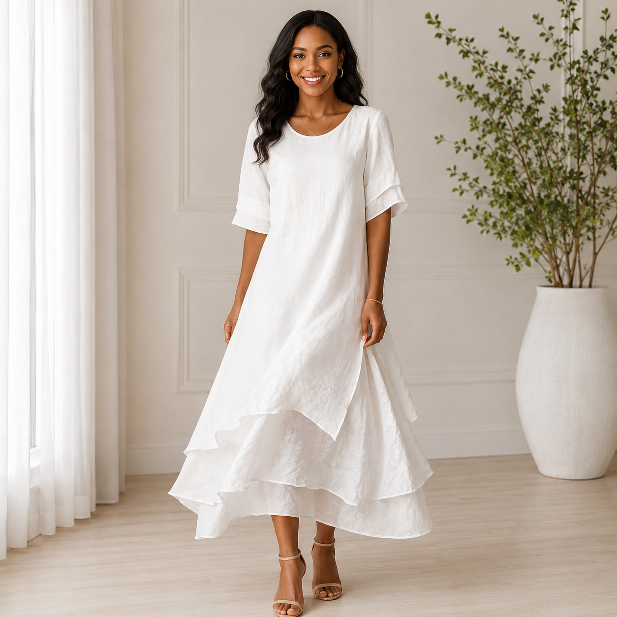 Women's Summer Dress – Open Neck Flowy Casual Midi Dress