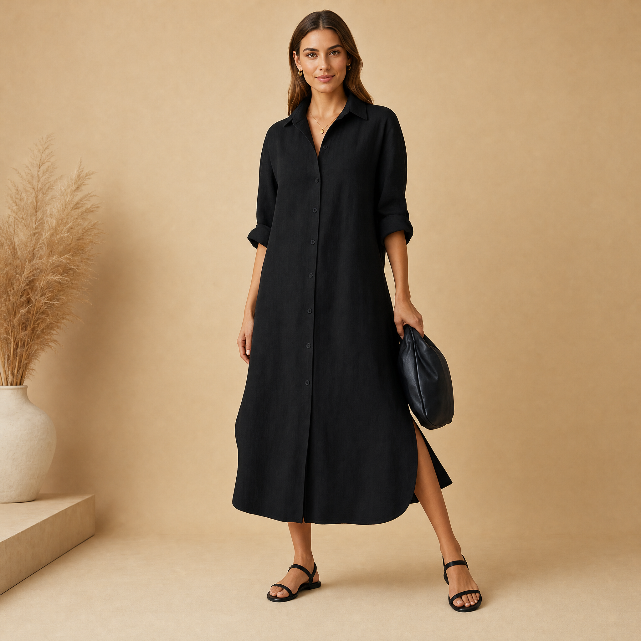 Women's Hemp Shirt Dress – Relaxed Fit Casual Midi Dress
