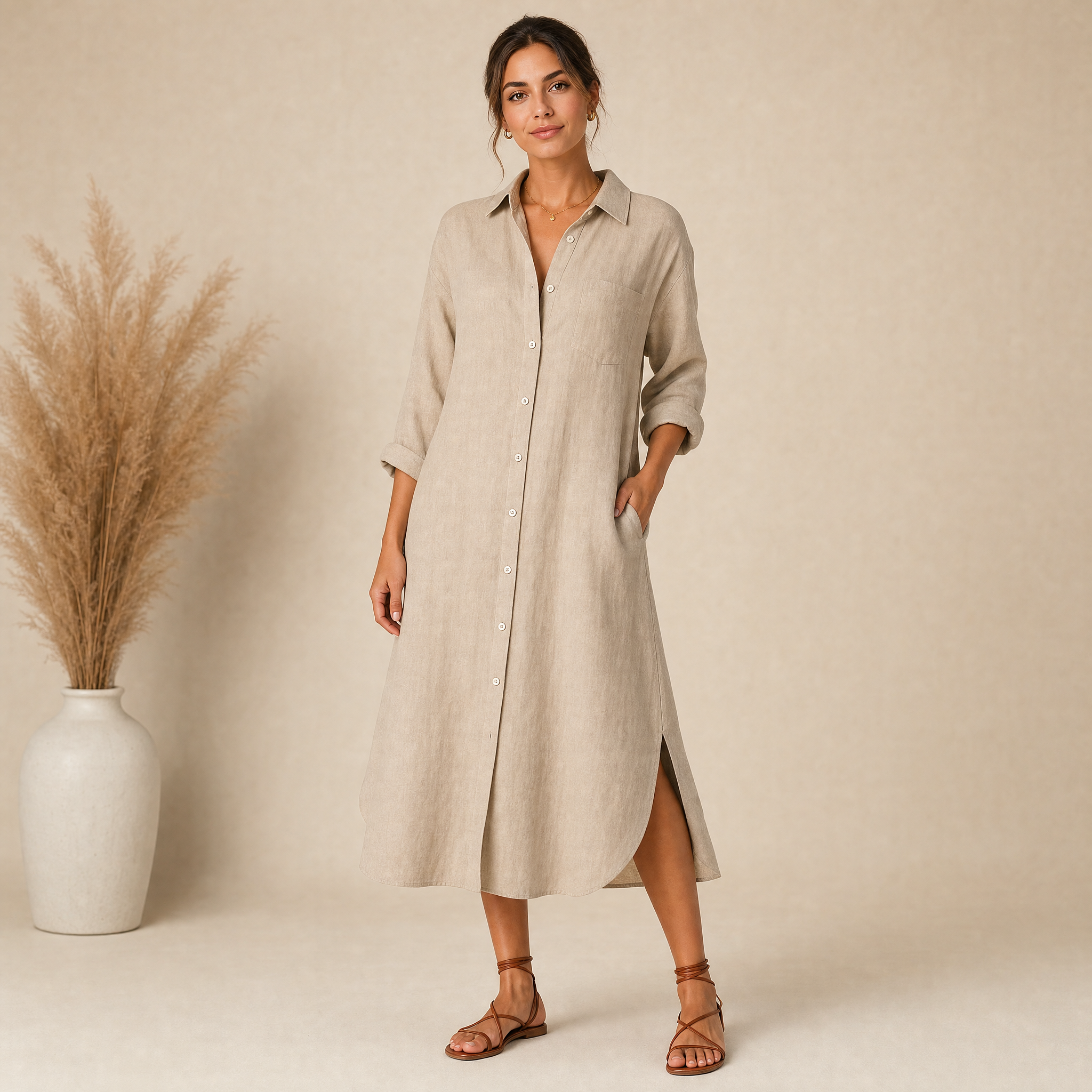Women's Hemp Shirt Dress – Relaxed Fit Casual Midi Dress