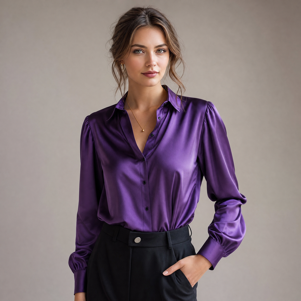 Women's Satin Blouse – Lapel Collar Elegant Work Top