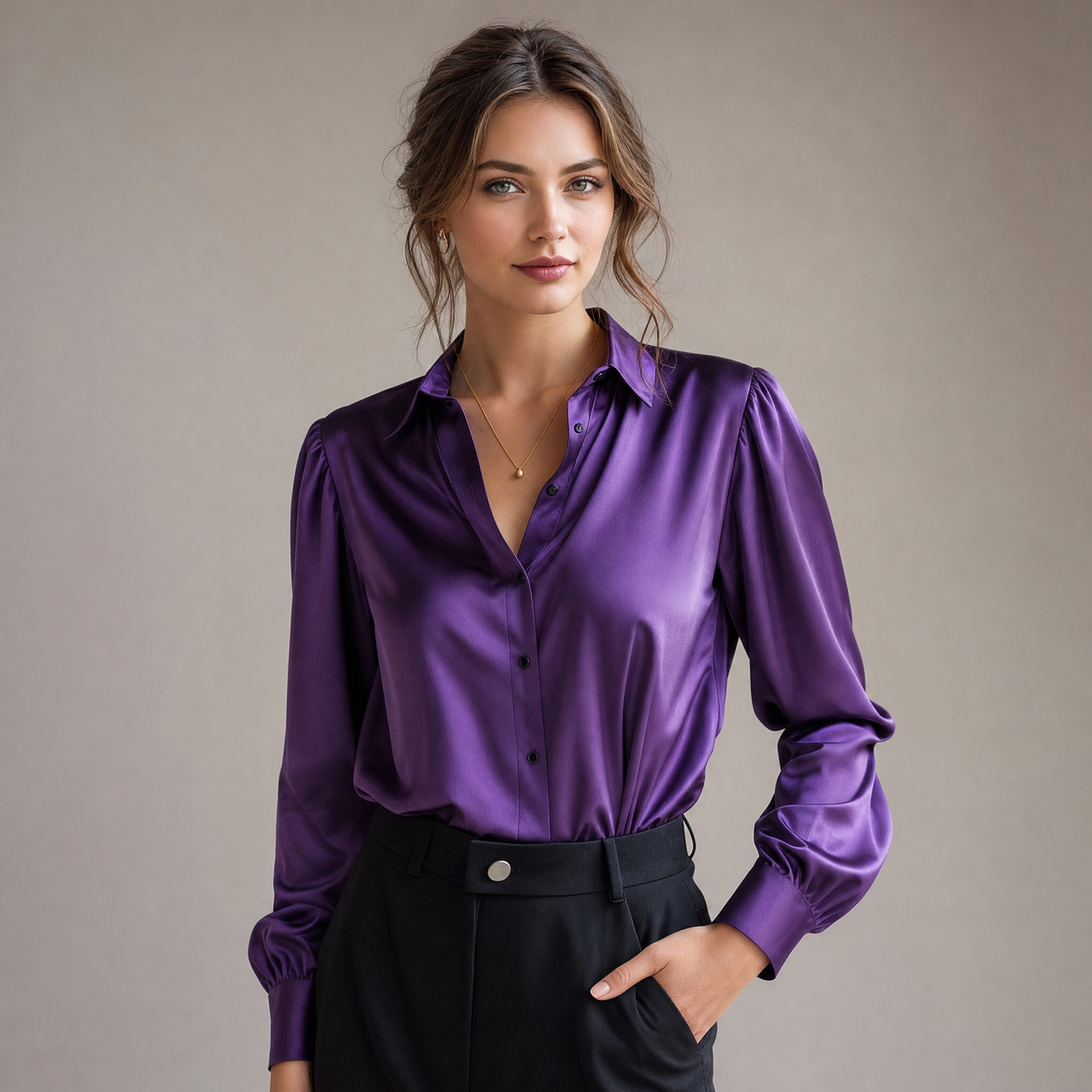 Women's Satin Blouse – Lapel Collar Elegant Work Top